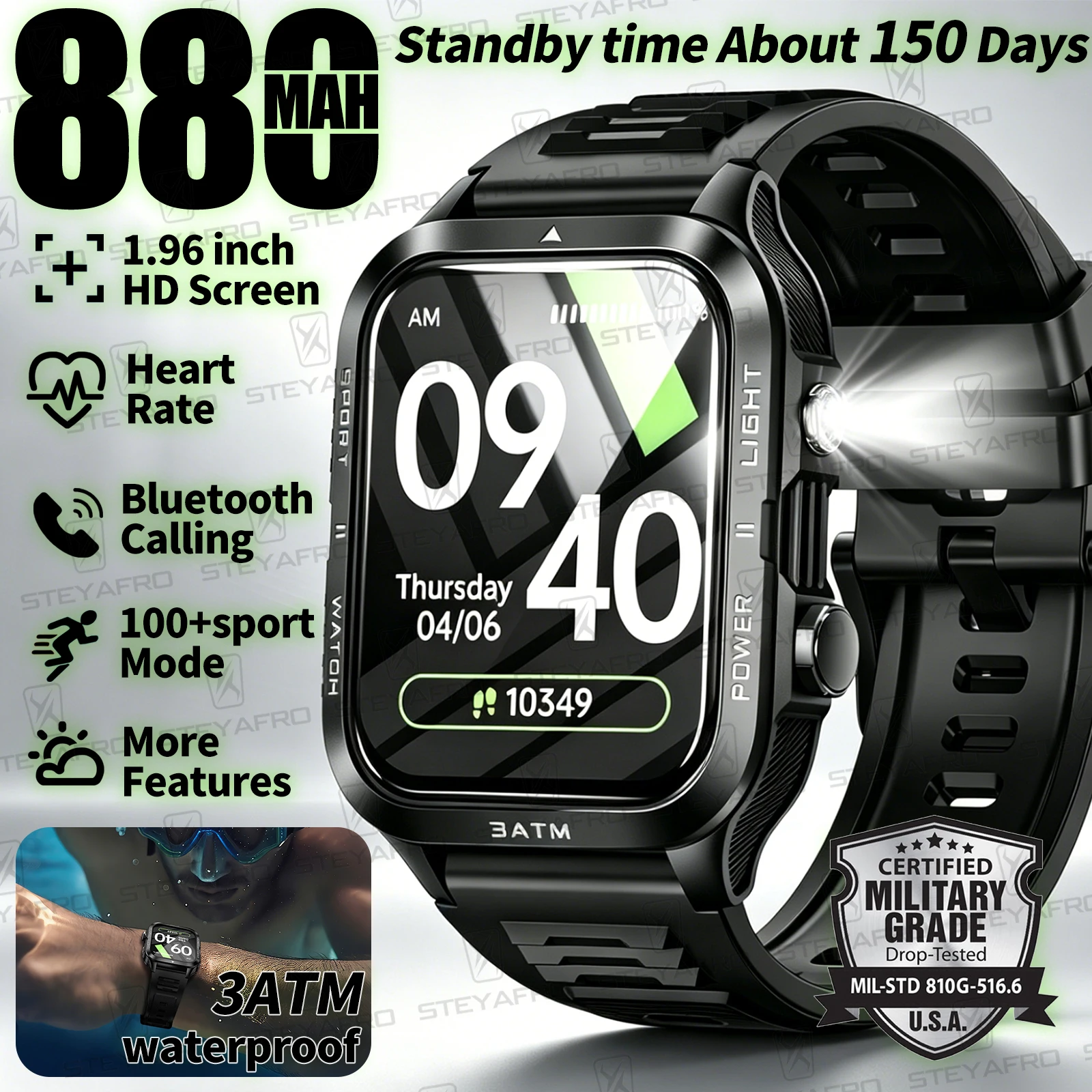 Smartwatch Watches For Mens - Military Grade SmartWatch Men LED Flashlight